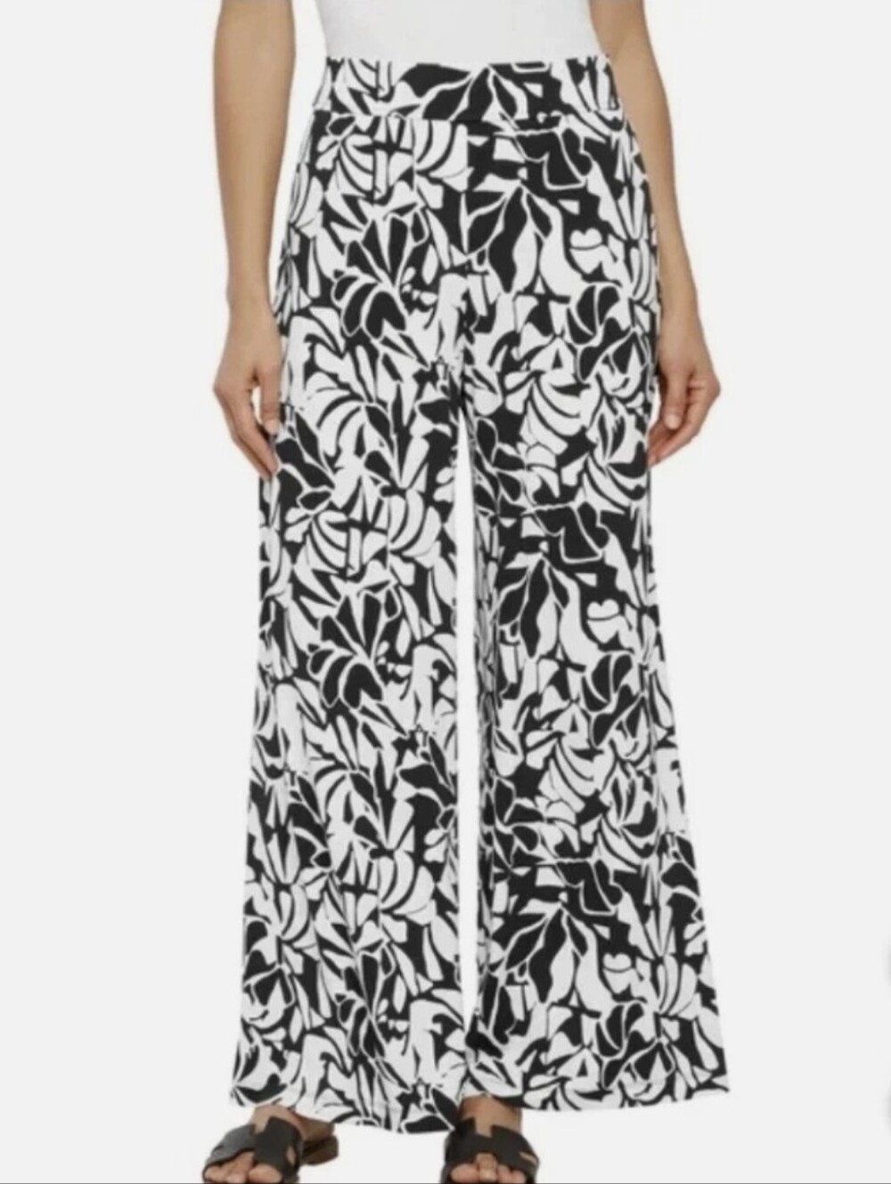 Three Dots Black & White Floral Wide Leg Pants Size Large